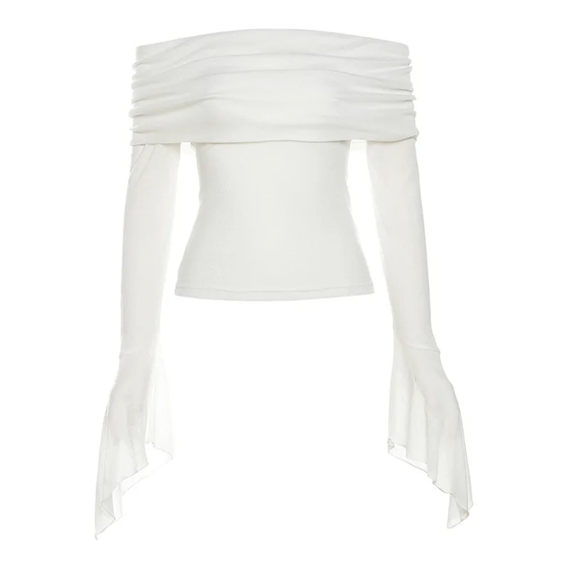Europe and the United States wind 2024 summer new women's solid color slim-fit fashion line neck sexy halter long sleeve T-shirt