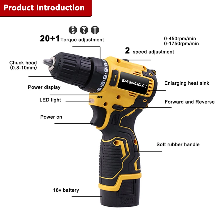 SHENHAOXU 18V Cordless Electric Drill Electric Screwdriver Impact Drill Brushless motor 2000mAh Rechargeable Lithium Power Tools