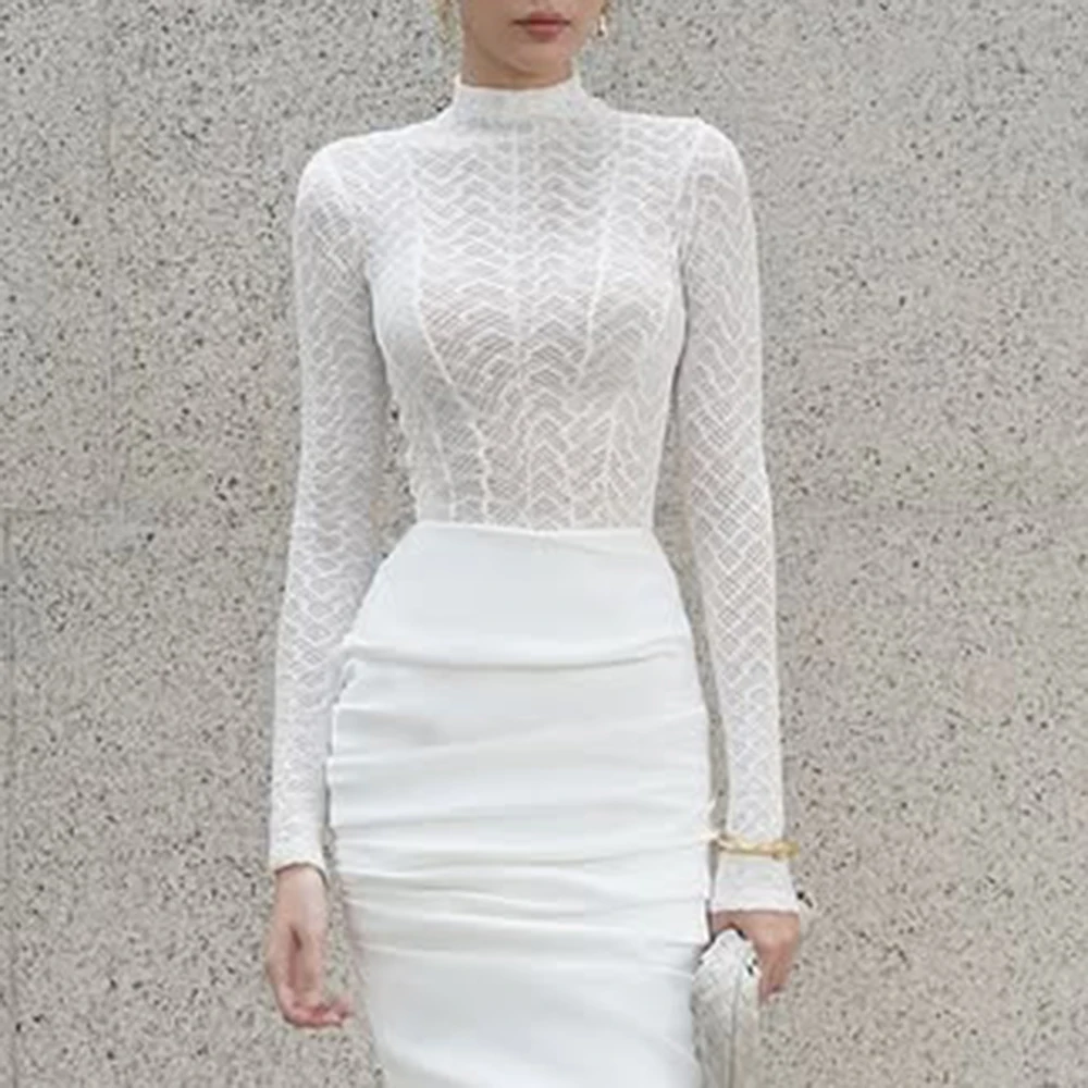 TWOTWINSTYLE Solid Hollow Out Slimming Minimalist T Shirts for Women High Waist Long Sleeve Temperament T Shirt Female Style