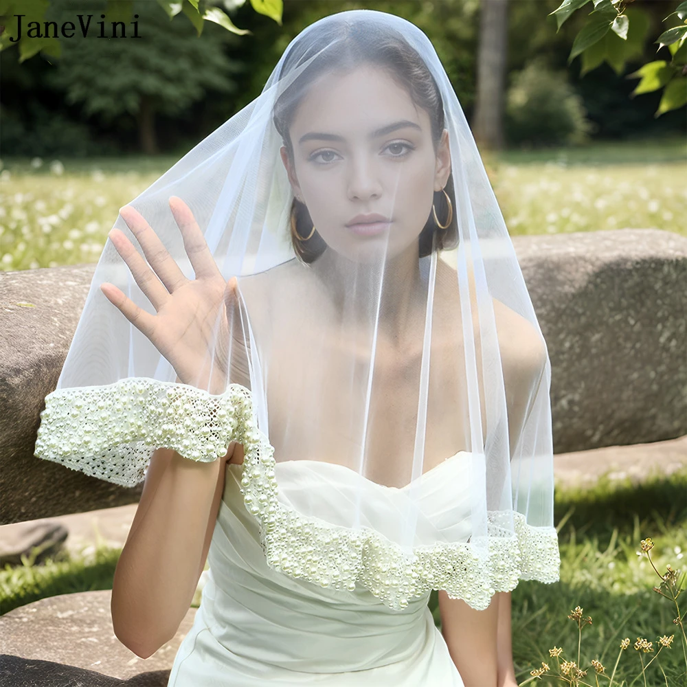 JaneVini Luxury Hand-Sewn Pearls Short Bridal Veils One Layer Beaded Edge Tulle Veil without Comb Women Wedding Hair Accessories