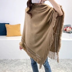 Spring Autumn New Women Winter Knit Hooded Poncho Cape Crochet Fringed Tassel Shawl Wrap Sweater Even Hat Girls Keep Warm Khaki