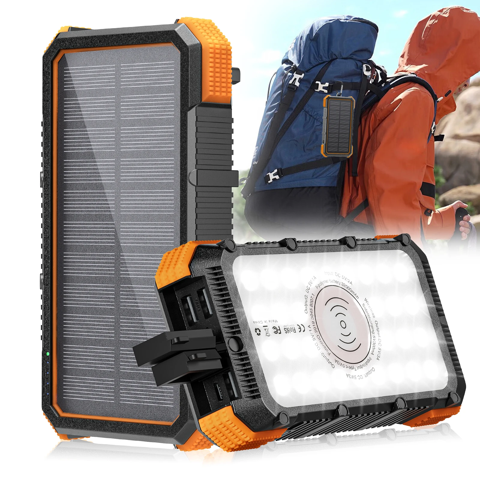 Carga rápida 32000 mAh Powerbank solar, banco de energía solar, carga inalámbrica, salidas USB/tipo C y 36 cuentas de lámpara, 3 modos