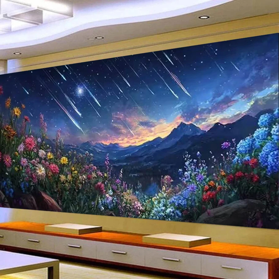 Fullcang Diy Large Size Diamond Painting Night Sky Shooting Stars Flowers Landscape Full Mosaic Embroidery Picture Wall Decor