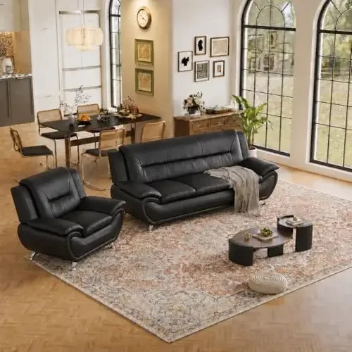 2 Piece Leather Living Room Sofa Set, Modern Sectional Sofa Couches with Sturdy Legs, Living Room Furniture Set for