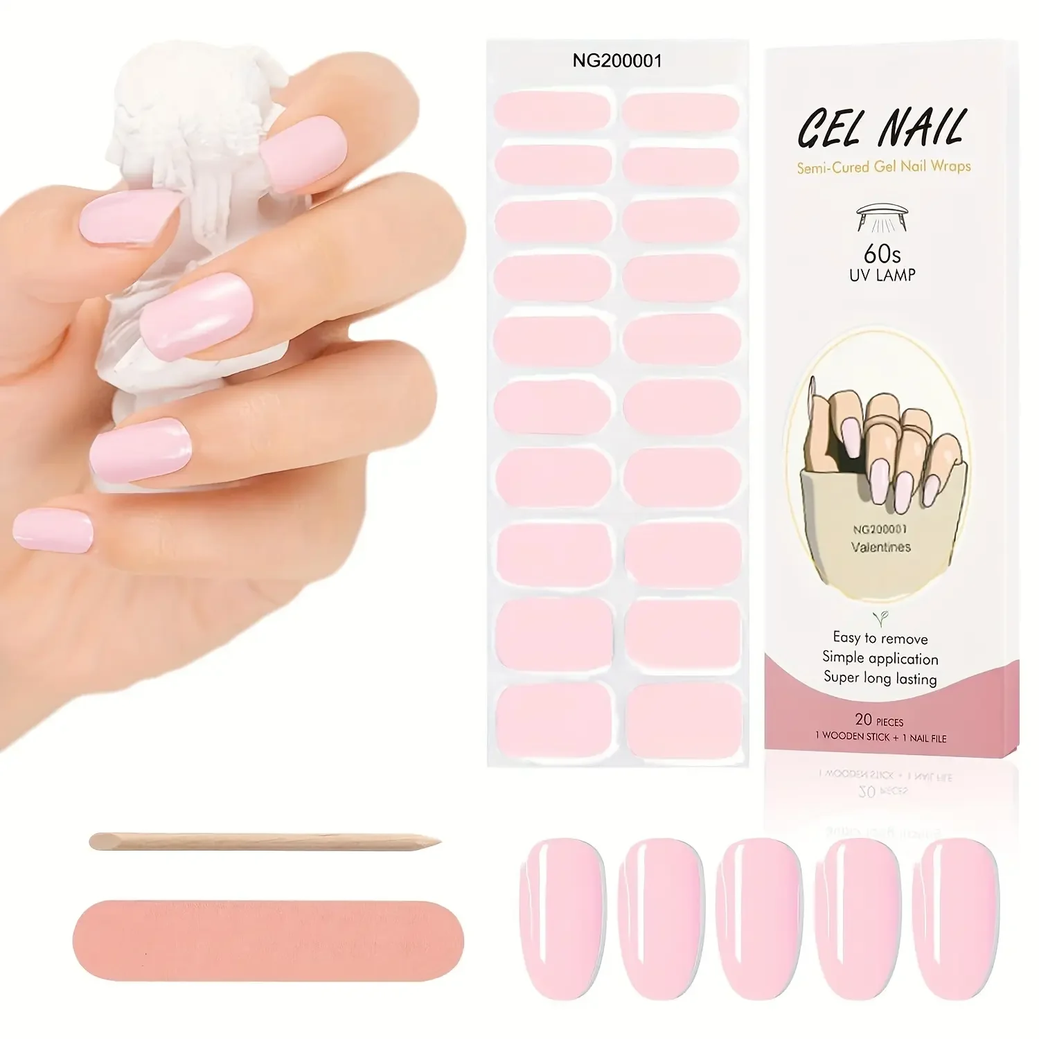 20-Finger Light Pink Nail Semi-Cure Gel Sticker, Fully Wrapped Waterproof Stickernail File and Stick (Uv/Led Light Required)