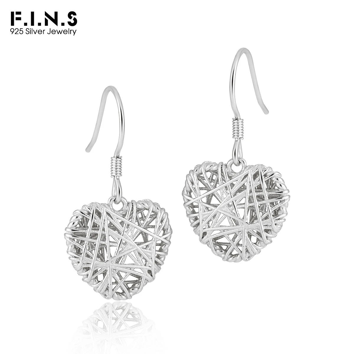 F.I.N.S Original S925 Sterling Silver Grid Line Heart Drop Earrings Handmade Hollowed Ear Hook Fine Jewelry Women Accessories