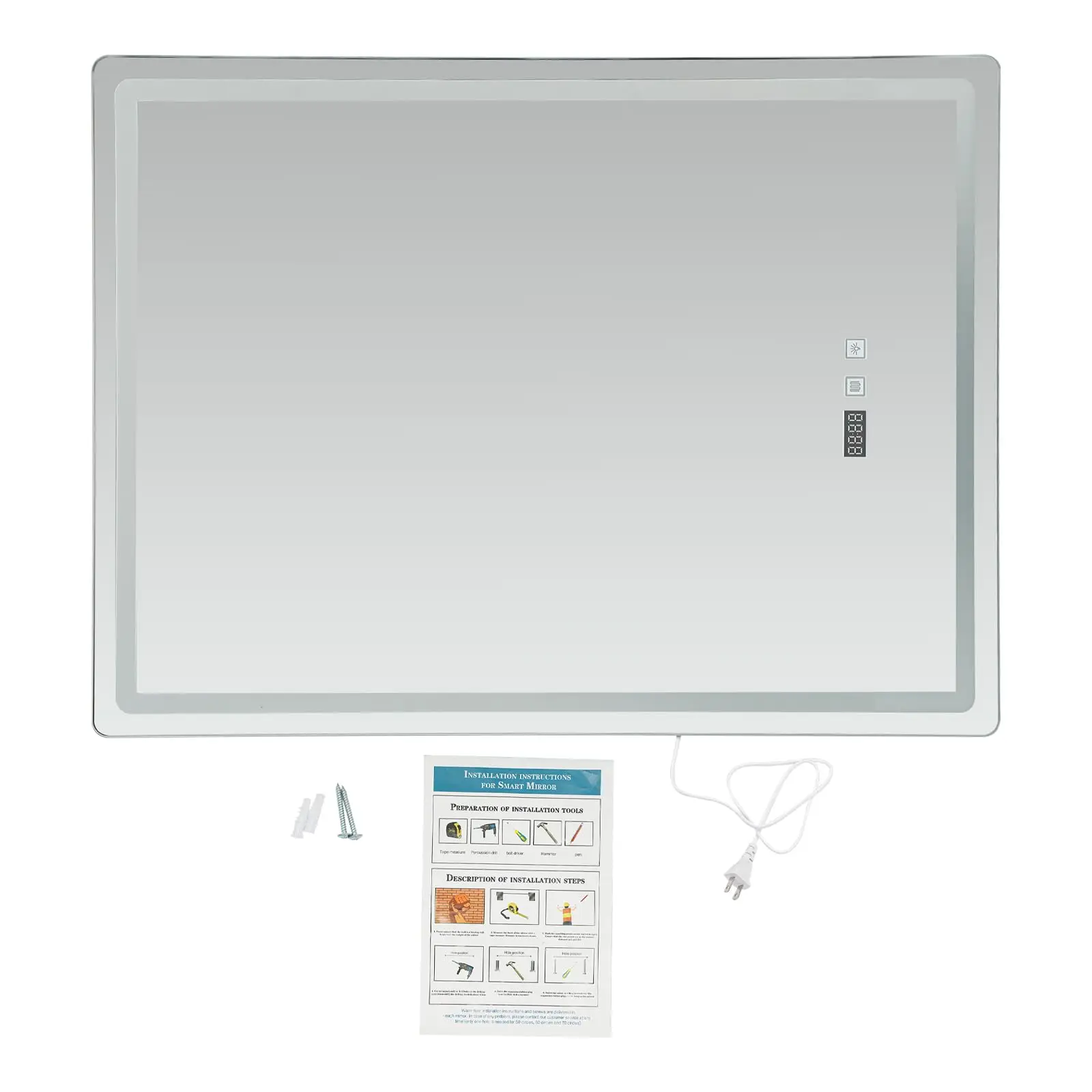 LED Bathroom Wall Mirror, 500x700mm Smart Anti-Fog Mirror with Touch Control, Digital Clock & Temp Display, for Vanity Makeup