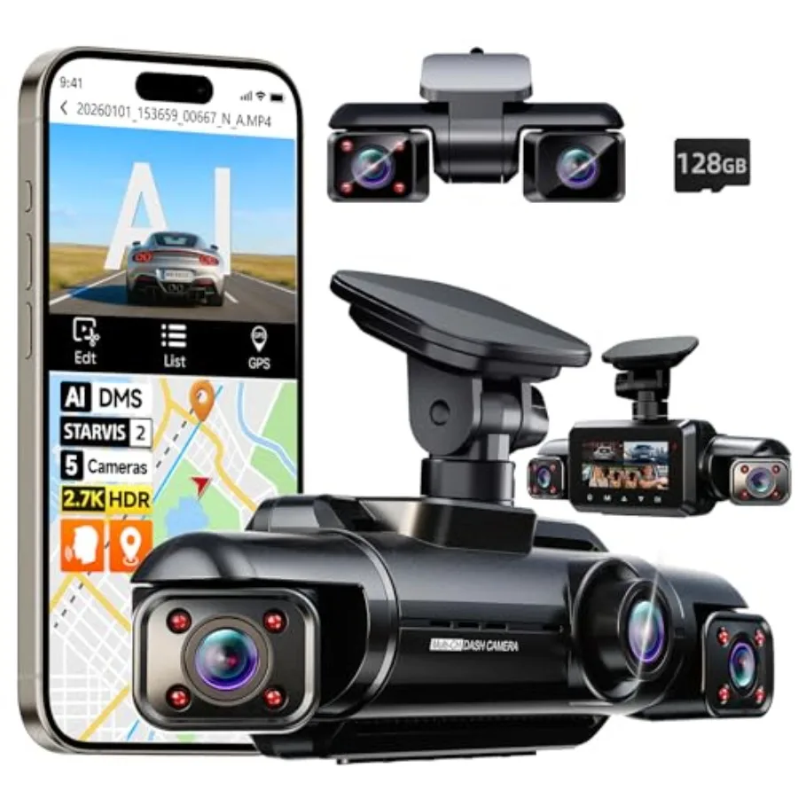 5 Channel 360 Dash Cam for Car Front and Rear, STARVIS 2 Sensor, Black, 2.7K + 41080P Resolution, AI Fatigue Alert, HDR Night V