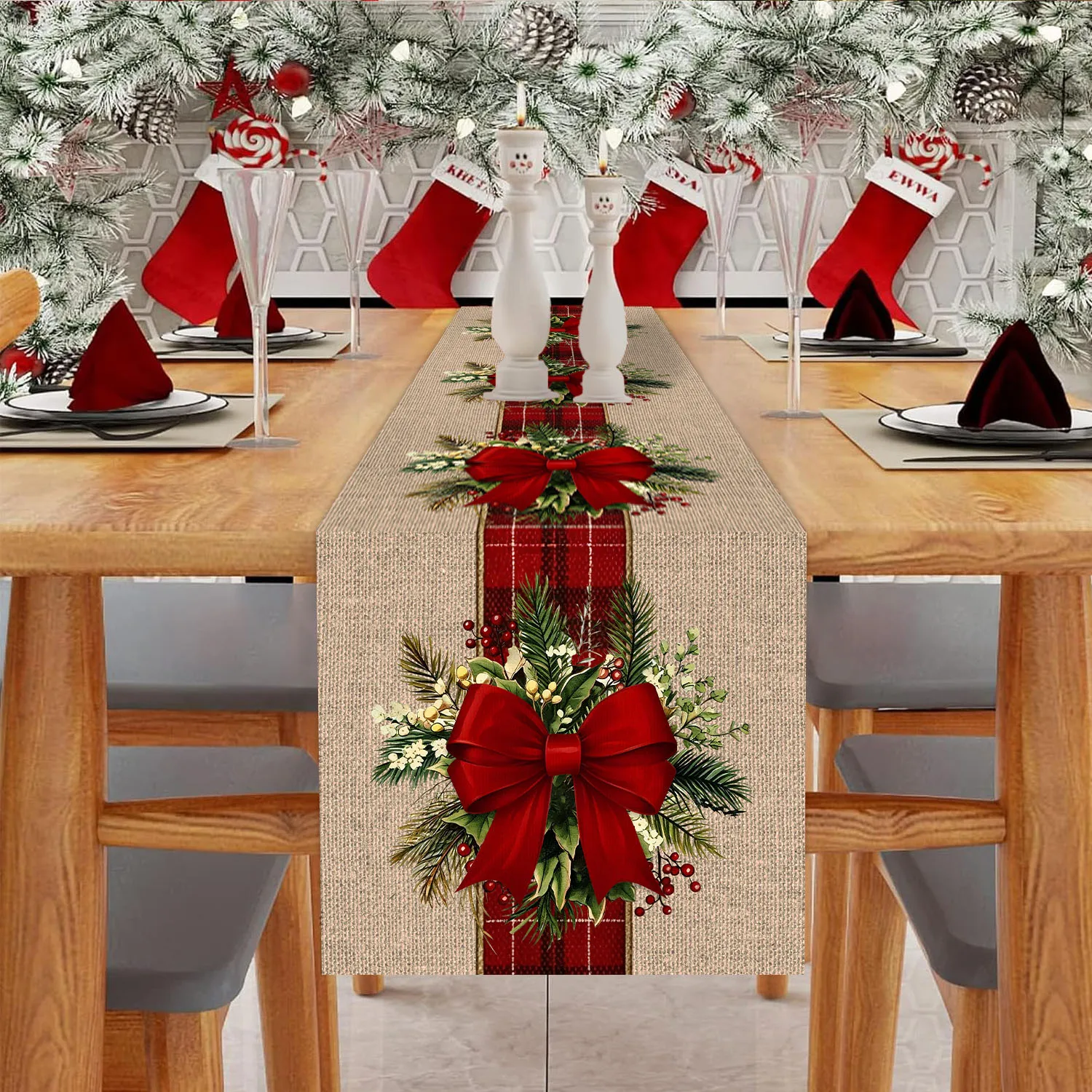 Rustic Christmas Burlap Table Runner Red Bow Plaid Pine Berry Xmas Holiday Dining Table Decor for Home Dinner Party