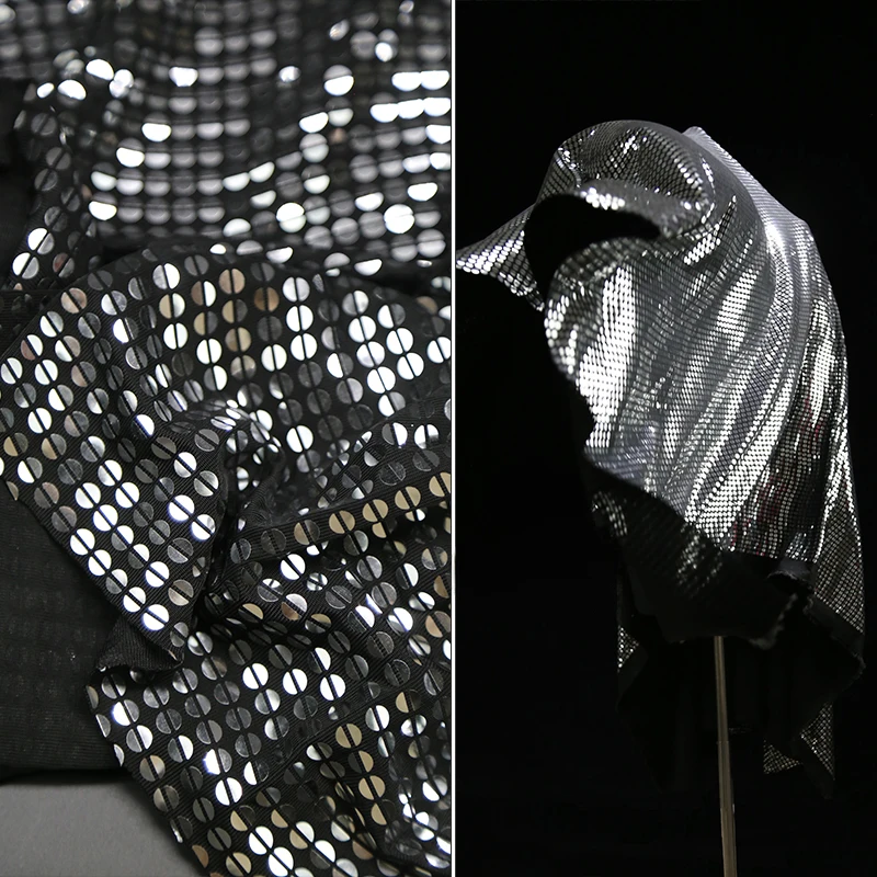 Glitter Silver Mirror Sequin Stretch Fabric Highly Reflective Hot Silver Background Stage Performance Dress Designer Fabrics