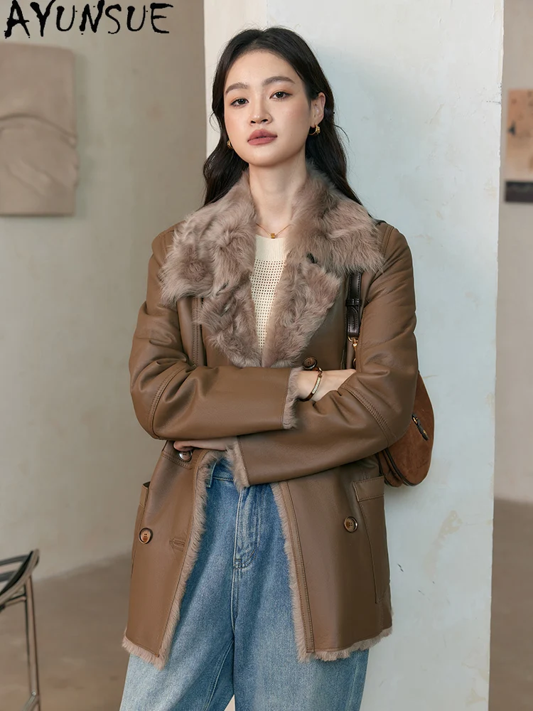 سترة من الجلد الطبيعي للنساء من AYUNSUE معطف فرو من جلد الغنم الطبيعي معاطف من صوف الضأن معاطف من الفرو الحقيقي ملابس شتوية دافئة للسيدات
