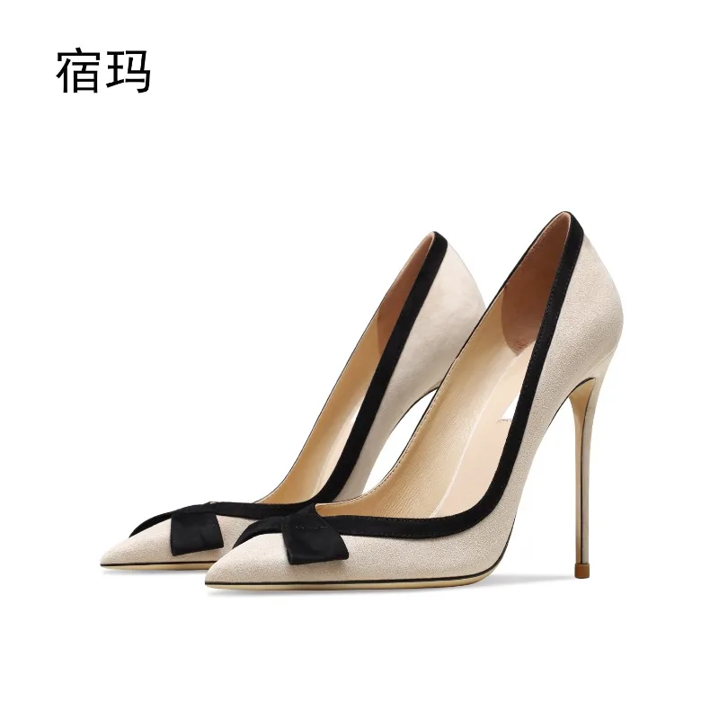 

Женские замшевые вечерние туфли на высоком каблуке абрикосового цвета с узлом-бабочкой, новые универсальные туфли из овчины на тонком каблуке с острым носком