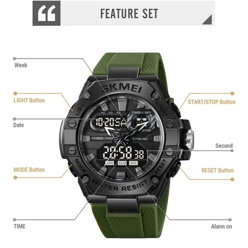SKMEI Digital Long Strap Green Body orologio da uomo elettronico genuino tre volte cronometro conto alla rovescia 2221