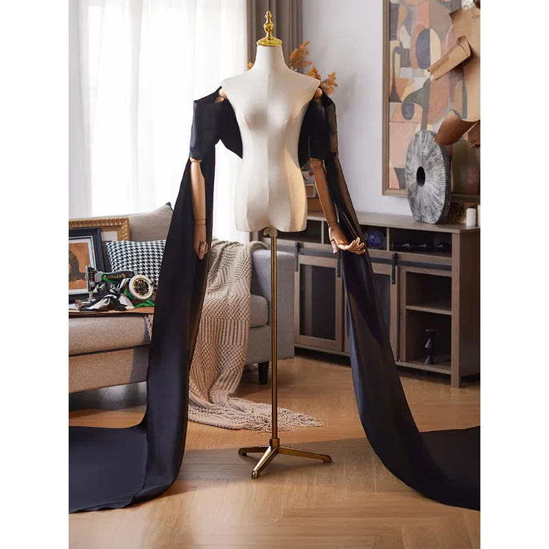 Black handmade DIY evening dress shawl 2025 new catwalk performance accessories host advanced sense big trailing