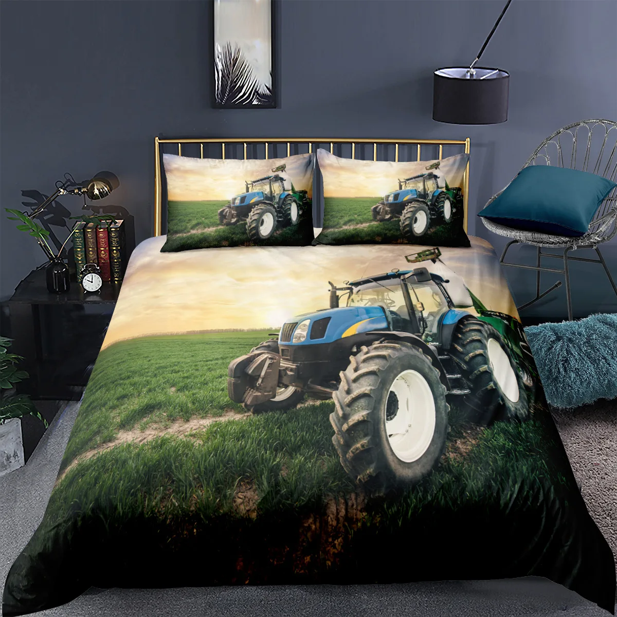 Tractor Kids Duvet Cover,Monster Truck on Farm Pattern Comforter Cover Set King/queen Size,Country Boys Hobby Cars Bedding Set