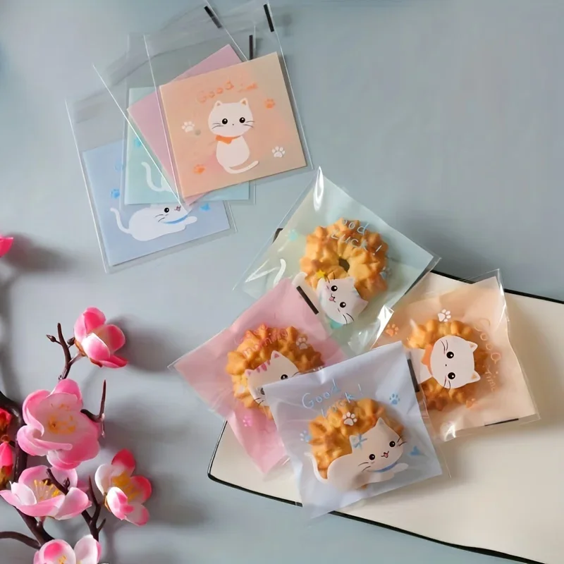 100/200/300 pçs mini saco de embalagem de gato dos desenhos animados cozimento lanche auto-adesivo saco dos desenhos animados gato biscoito saco de embalagem organizador