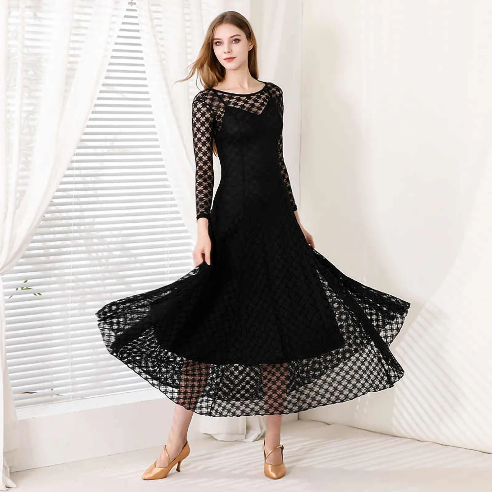 Black Ballroom Dance Dress Standard Lace Two-piece V-neck Skirt With Suspenders Sexy Competition Ballroom Dancing Dress Womens