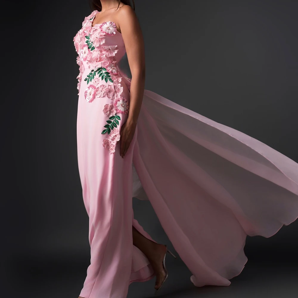 High Quality Chiffon Straight One Shoulder Flowers Crystal Evening Dress Temperament Long Sleeves Floor Length