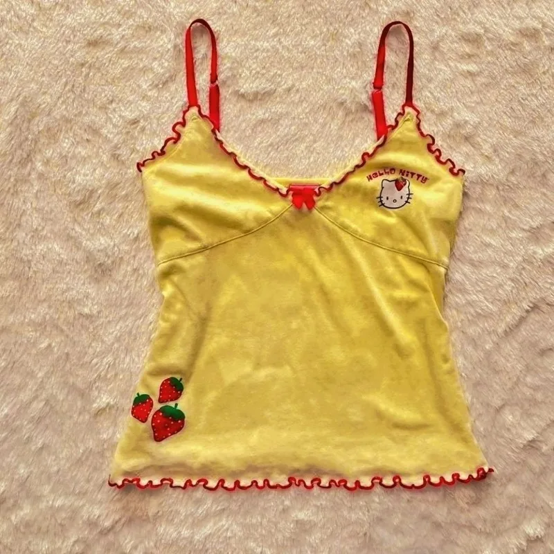 

Женская футболка с мультяшным принтом для японских девочек, милый топ Y2k с эстетическим котом и клубникой, 2021, милые футболки без рукавов с рюшами в стиле гранж Kawaii