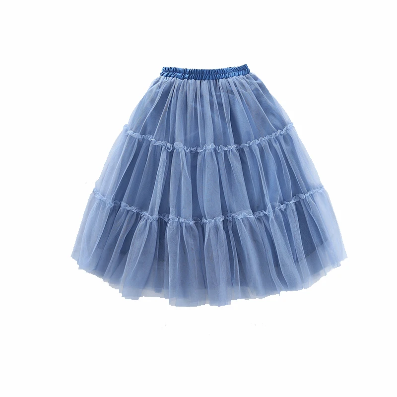 Elegant Children Blue Black Color Long Mesh Wrap Layered Skirt For Teens Girl Fashion A-line Skirt with Mesh Kids Age 5-14 Years
