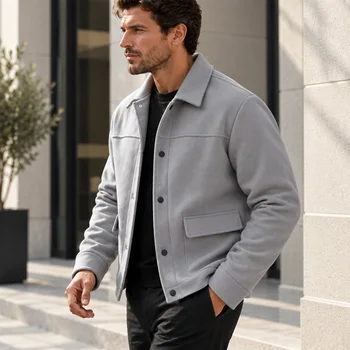 Men's Short Brushed Shirt Jacket Long Sleeve Snap Button Loose Fit Soft Warm Casual Outerwear for Everyday Wear Autumn Winter 2