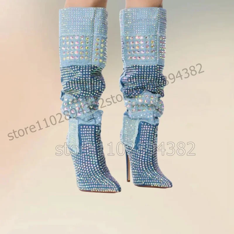 

Blue Denim Rhinestone Decor Pointed Toe Boots Slip On Women Shoes Thin High Heels Novel Fashion Party 2023 Zapatos Para Mujere