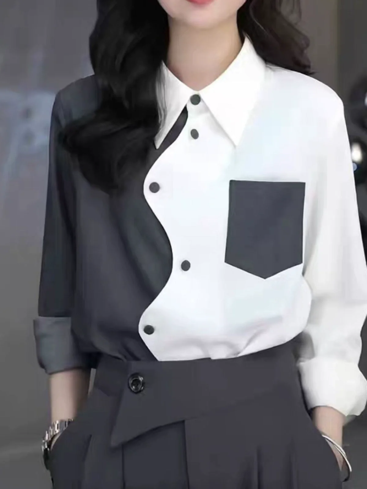 ภาษาฝรั่งเศสคํา Elegant Chic ผู้หญิงการออกแบบไม่สม่ําเสมอเปิดลงปกแขนยาวหลวม Fit เสื้อ Casual Office Lady ดูน้องเสื้อ