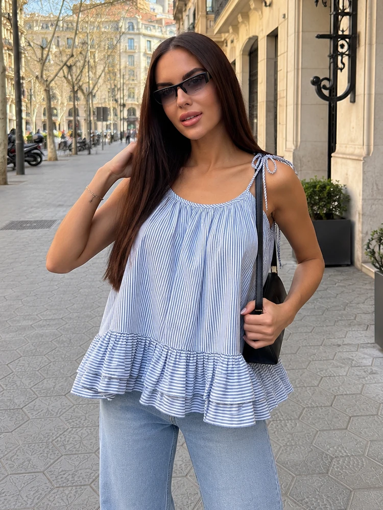 HH Female Vertical Striped Spaghetti Strap Camisole Double Layer Ruffle Hem Relaxed Fit Summer Beach Holiday Daily Office Top
