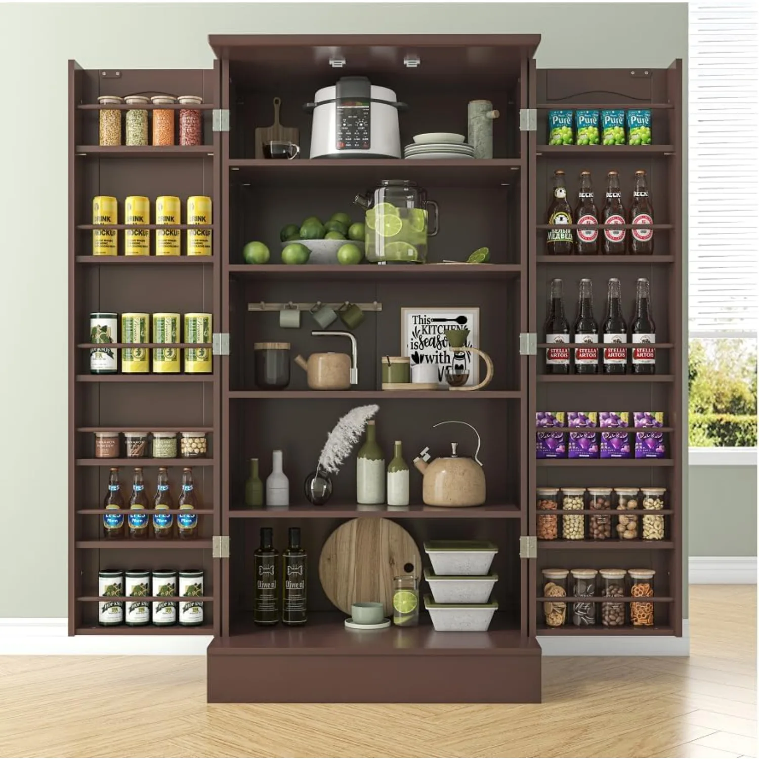 

47” Pantry Cabinet, Kitchen Pantry Storage Cabinet with Doors & Adjustable Shelves, Freestanding Buffet Cupboards Sideboard