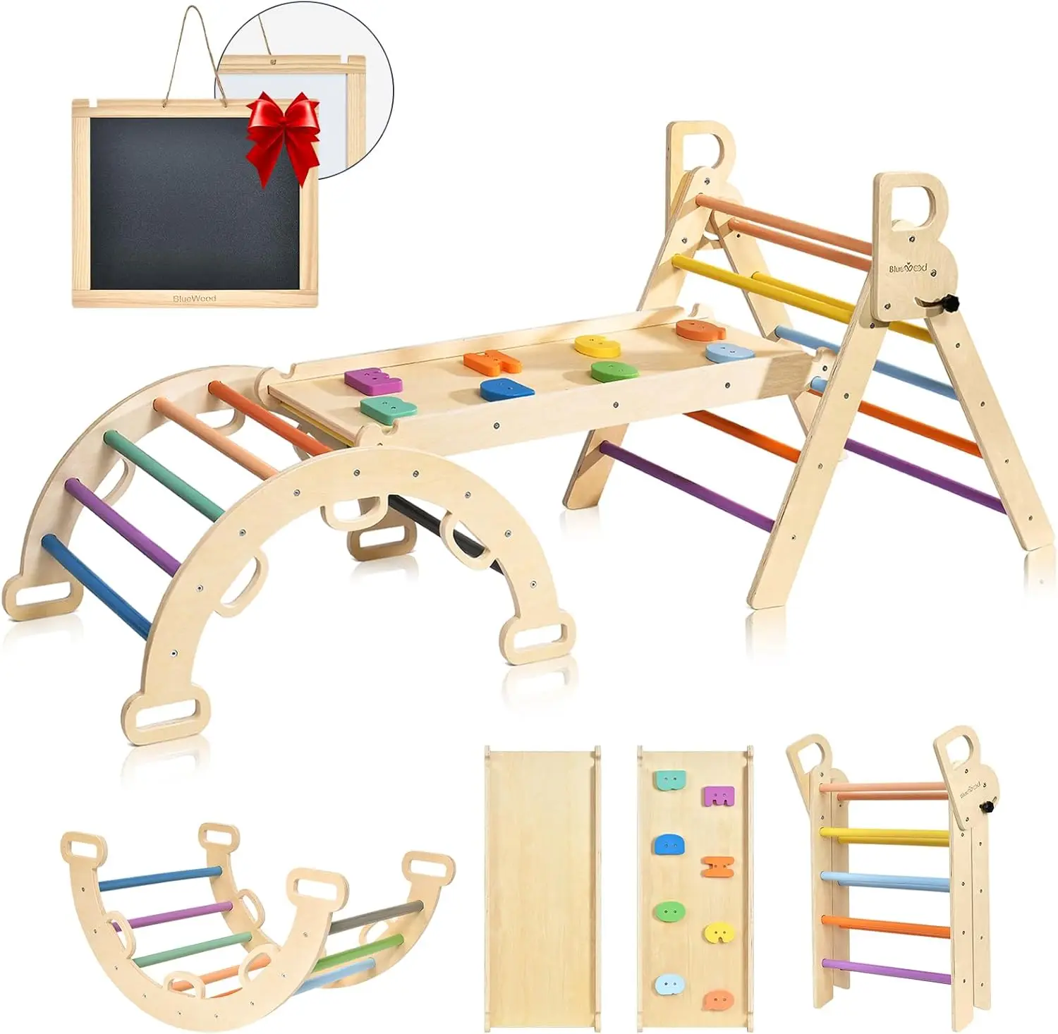 BlueWood Pikler Triangle Set Rainbow Pikler Climbing Set for Toddlers, Foldable Baby Climbing Toys, Wooden Montessori Climbing S