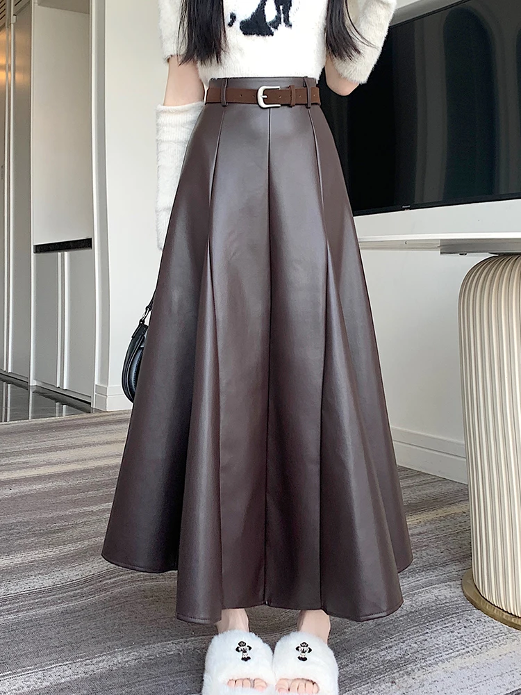 Vintage Mode 2024 Vrouwen Pu Leren Hoge Taille Rok Lange Rokken Maxi Rits Zachte Rok Met Riem Zwarte Koffie Vrouwen Outfits