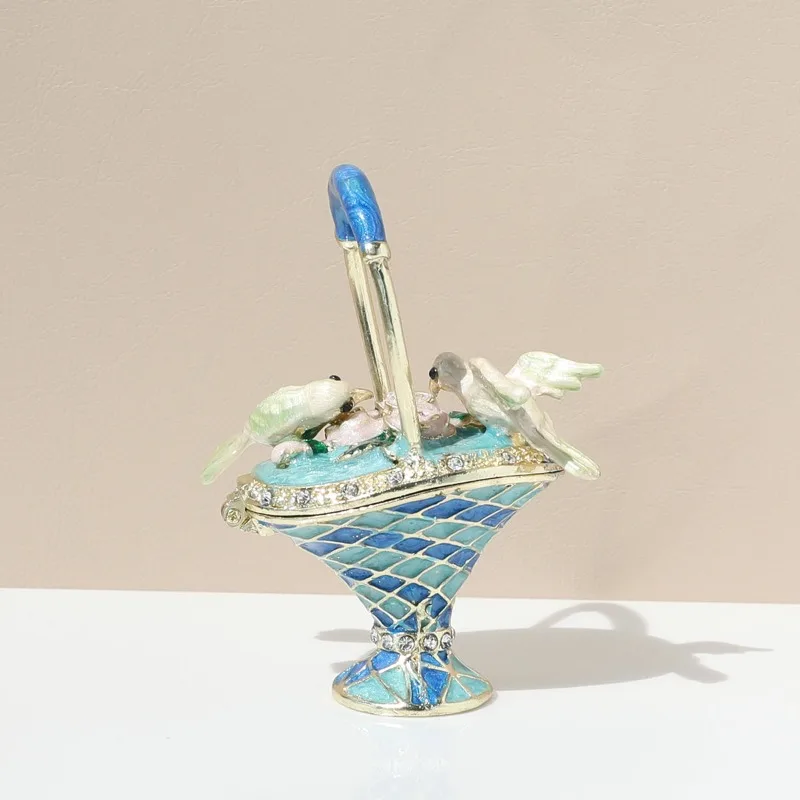 Enamel color diamond basket shape jewelry box exquisite metal jewelry box double bird animal ornament