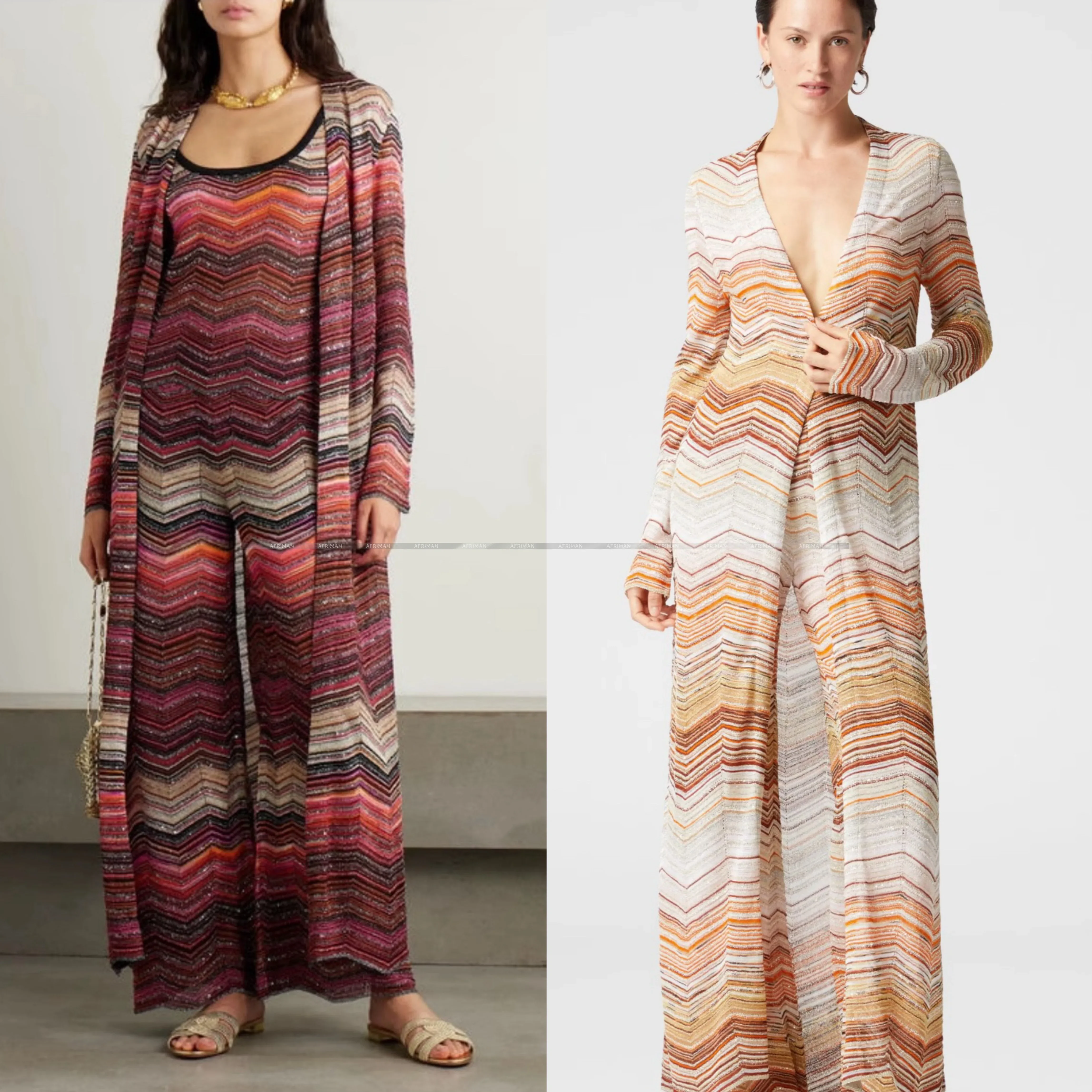 

Women Chevron Striped Sequined Long Knit Cardigans Coat