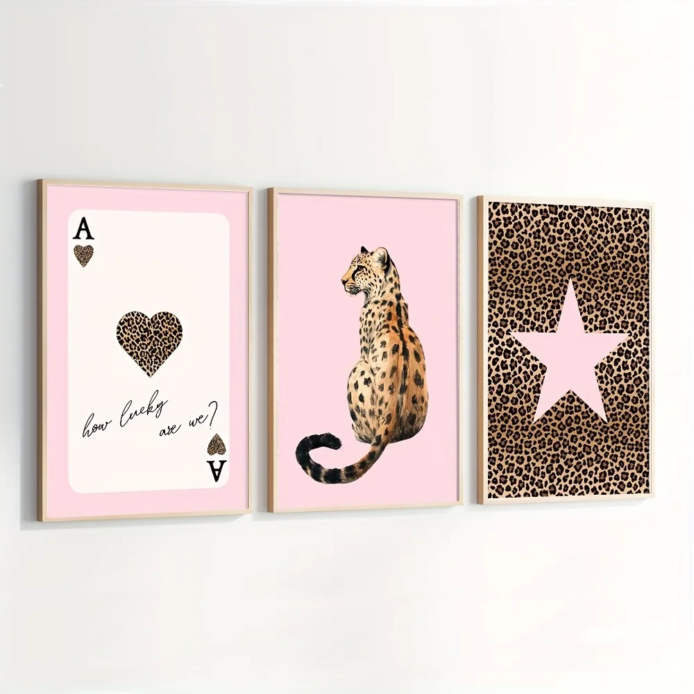 3pcs Frameless Pink Leopard Playing Cards Cheetah Art Fashion Poster Canvas Printing Simple Luxury Girl Room Modern Home Decor