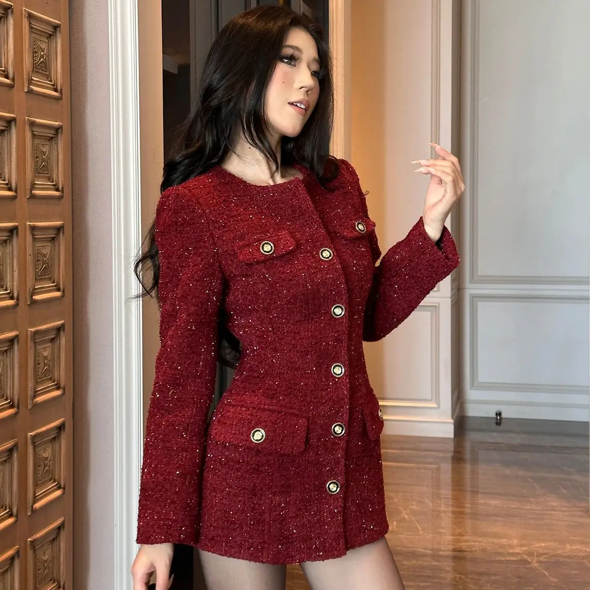 Podzimní zimní francouzské dámské tvídové sako, módní flitrované jednořadé štíhlé vlněné svrchní oblečení, kancelářský dámský světlý hedvábný kabát - náhled 2