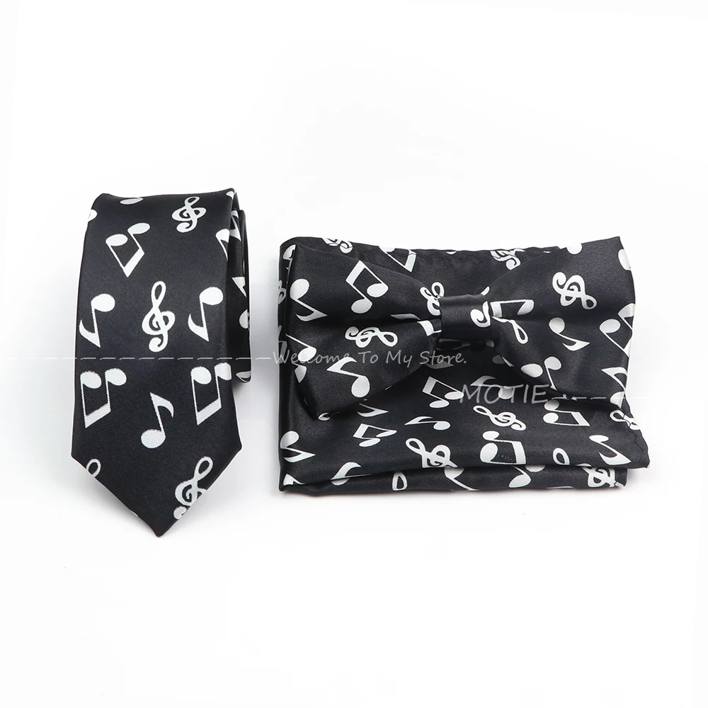 Elegantly Musical Note Polyester Tie Set Smiley Face Pocket Square Handkerchief Bowtie For Group Party Office Shirt Accessories