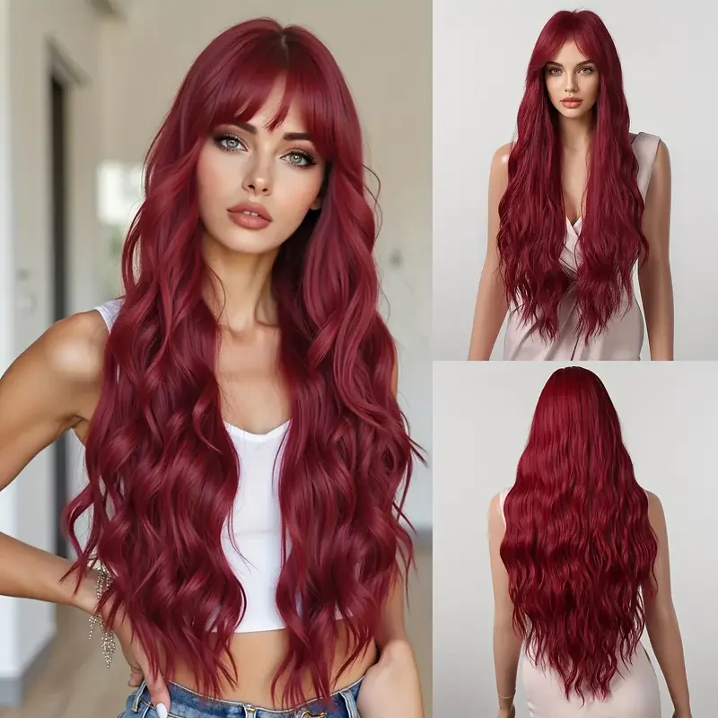

Burgundy Long Loose Wavy Synthetic Hair Wig with Bang Wine Red Curly Wigs for Women Heat Resistant Fake Hair Cosplay Lolita Use