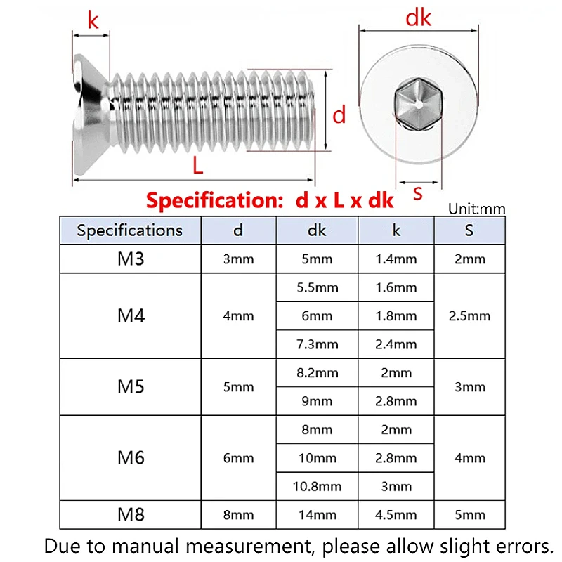 304 Stainless Steel M3 M4 M5 M6 M8 Hexagon Hex Socket Flat Head Small Countersunk Screws Allen Key Bolts
