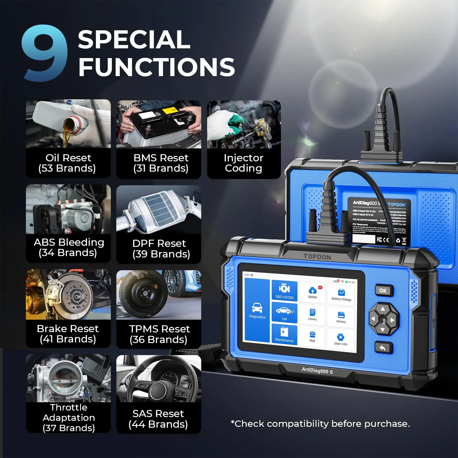 TOPDON AD600S OBD2 Scanner Engine ABS SRS Transmission Diagnostic Tool CAN-FD, 9 Reset Services Oil/Brake/BMS/SAS/DPF/TPMS/ETS/ABS Bleed, Lifetime Free Update