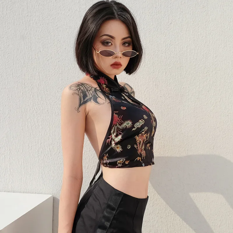 Combhasaki Chinese Qipao Style Sexy Women's Y2K Cheongsam Halter Embroidery Backless Gothic Vest Bow Knot Tied Crop Tops