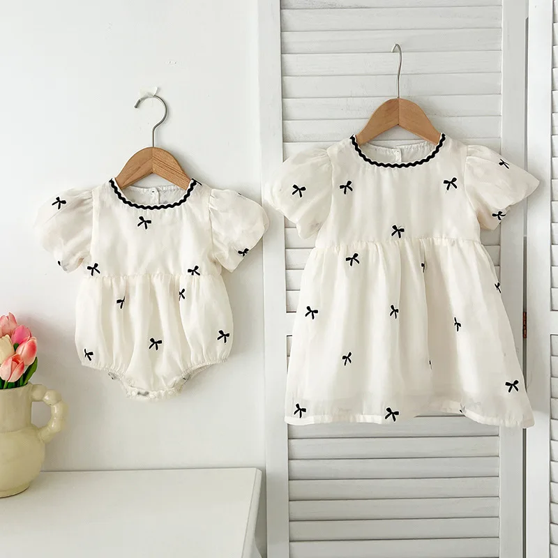 Summer Sisters Outfits Girl Infant Bow Puff Sleeve Bobydsuit Newborn Baby Mesh Cotton 1-6Yrs Party Princess Dress Kids Clothes