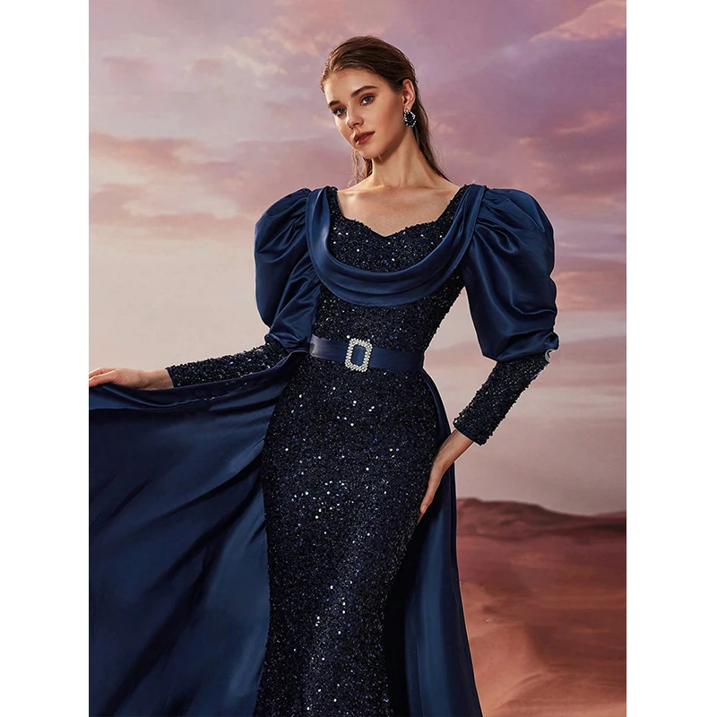 ผู้หญิง Elegant หญิง Vestido De Festa พัฟแขนสีฟ้า Sequined อย่างเป็นทางการค็อกเทลชุดราตรียาว Maxi ชุด