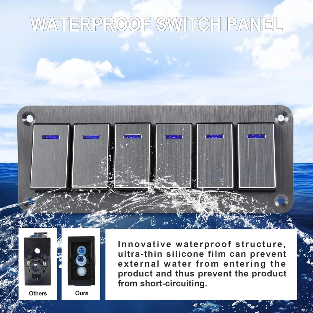 6 Gang Waterproof Toggle Switch Panel 12-24V Car Switch Panel Blue Light ON-OFF Rocker Switch Panel for Track Marine Boat RV