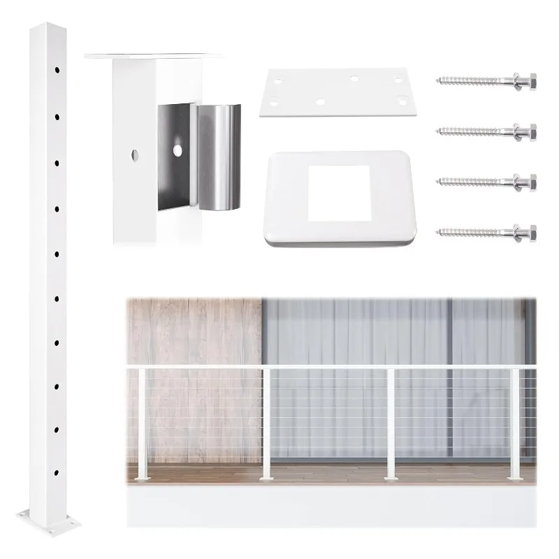 White Cable Railing Post Level drilled 36"x2"x2" Surface Mount Kit Indoor Outdoor with Paper User Guide PS02 WH4S