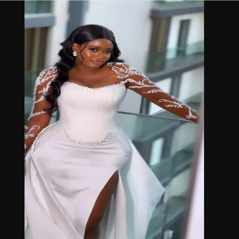 

Customized Scoop Neck Shinny Beads Sequins Mermaid Wedding Dress with Removable Skirt Long Sleeves African Church Bridal Gowns