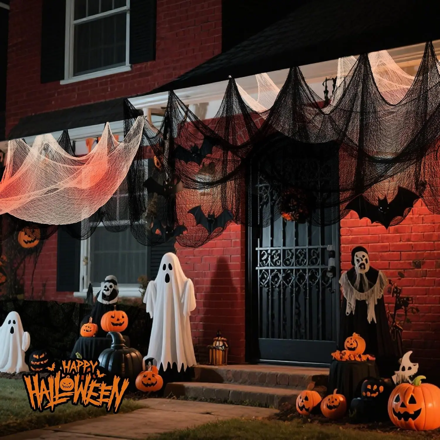 6PCS Halloween Creepy Gauze Cloth 30x72in Black & Blood Red Draping Fabric for Doorway Porch Yard Party Decor