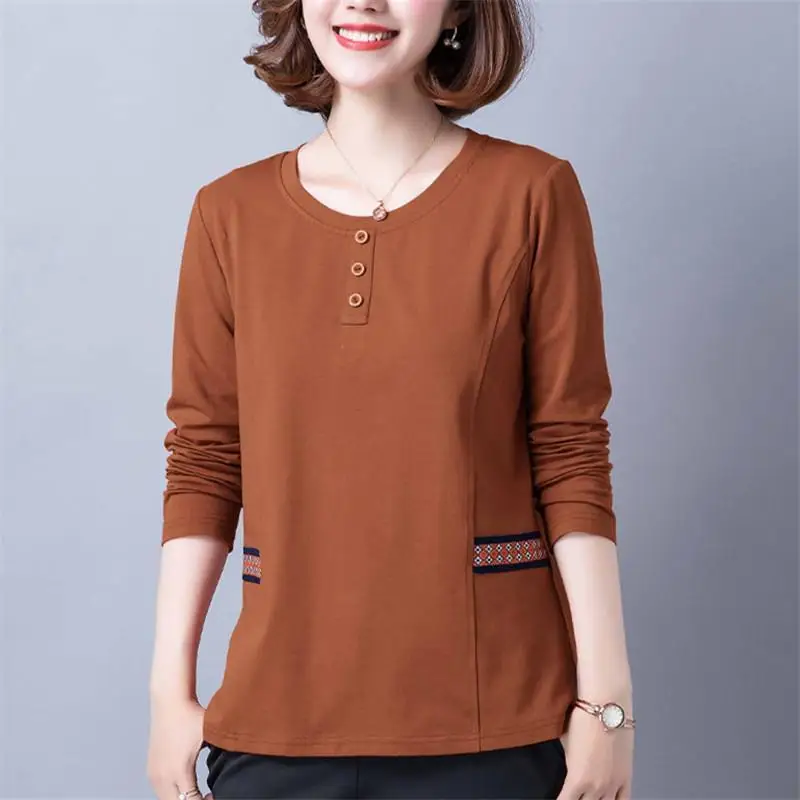 Large Mother\'s Pure Cotton Long Sleeved T-shirt Women National Style Spliced O-Neck Spring Summer Pasting Cloth Comfortable Thin