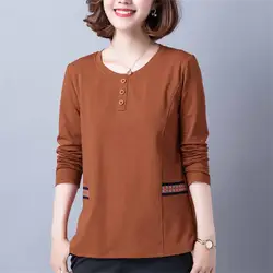 Large Mother's Pure Cotton Long Sleeved T-shirt Women National Style Spliced O-Neck Spring Summer Pasting Cloth Comfortable Thin