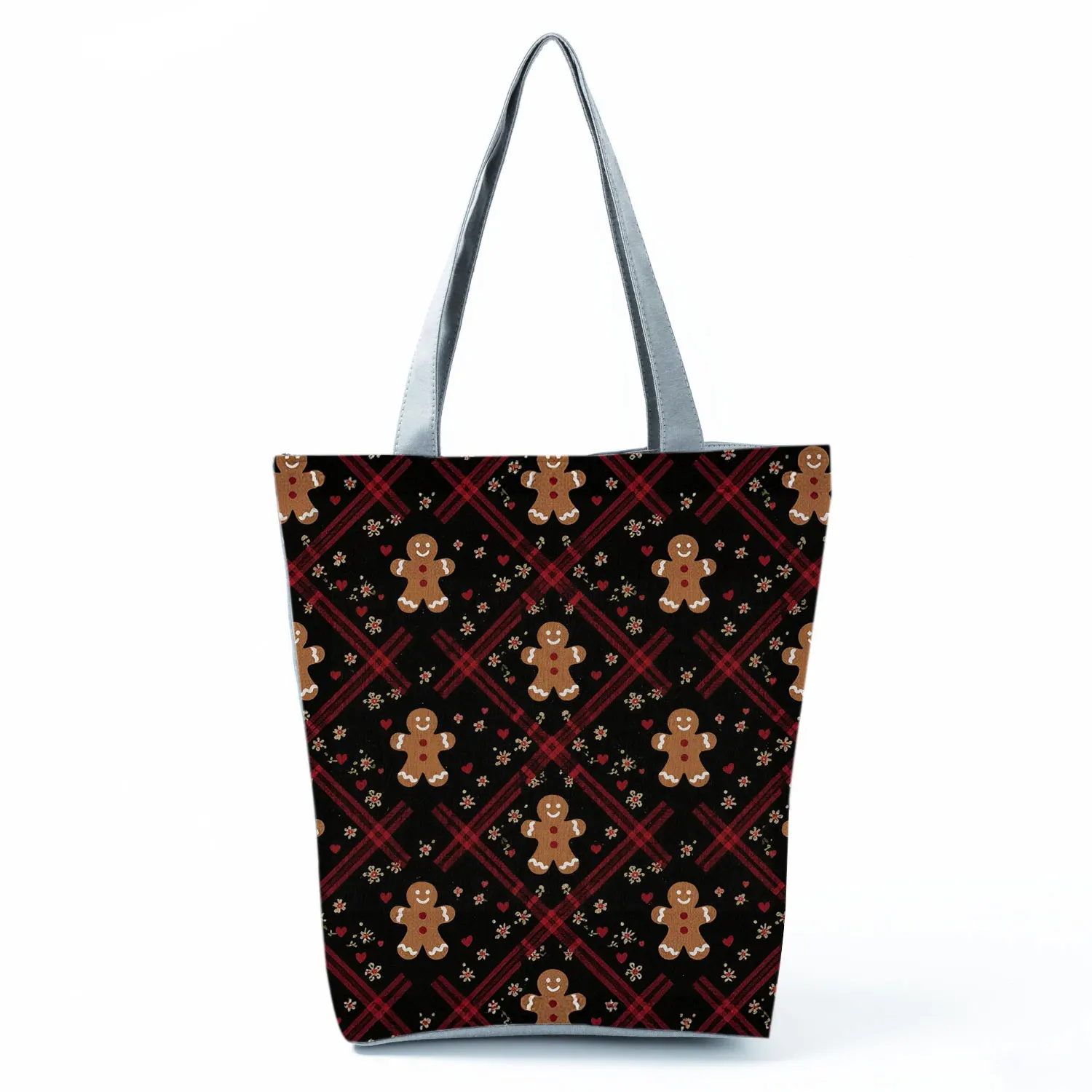 Christmas Gingerbread Plaid Black Printed Women Handbag Daily Shoulder Bag Eco Shopper Bag Large Capacity Tote Bolso Can DIY