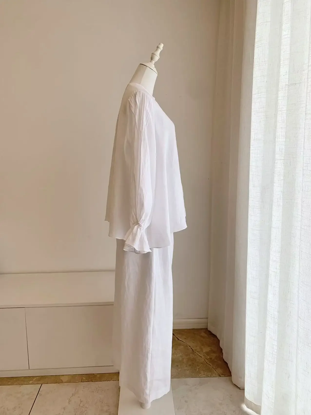 Women Pure Color Pants Suit Autumn Round Neck Flare Sleeve Blouse + High Waist Straight Wide Leg Pants Casual Female Set